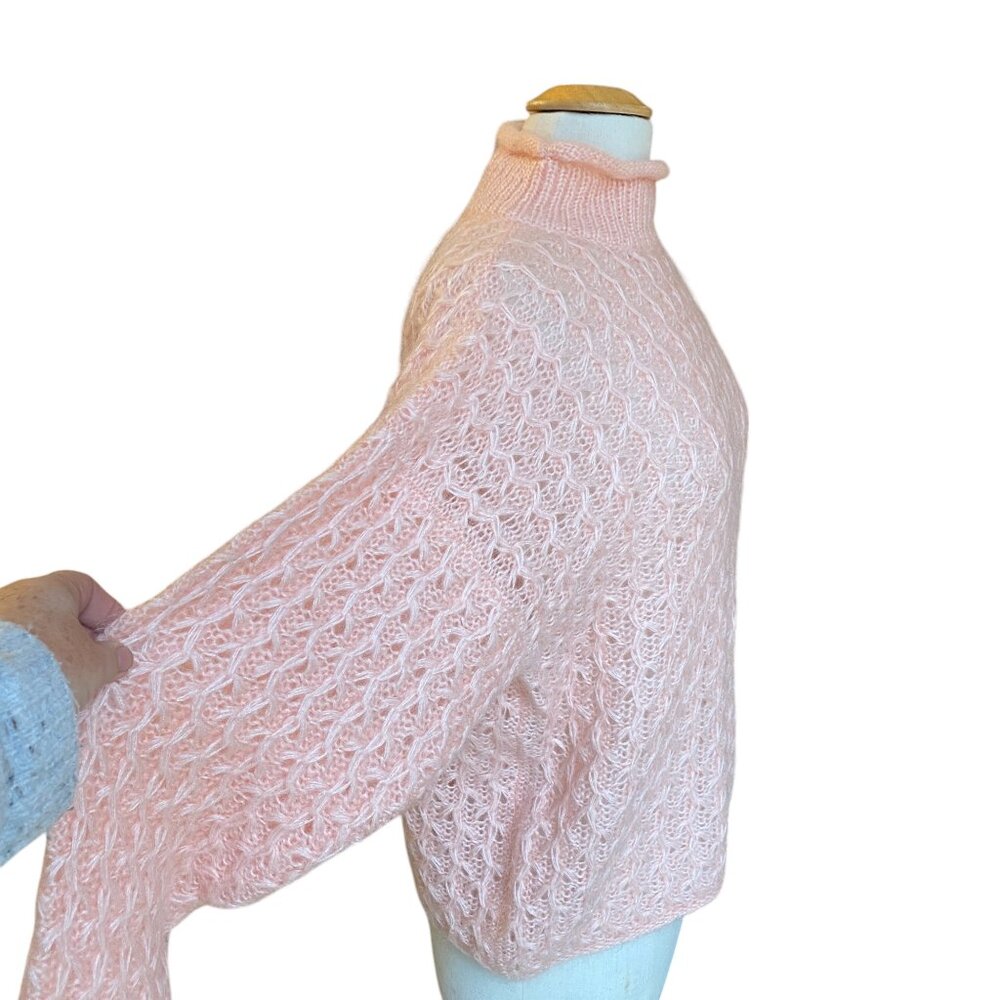 Vintage Roll Neck Mohair Cable Knit Sweater Soft PInk Y2K Coquette French Girl-L - Picture 5 of 9